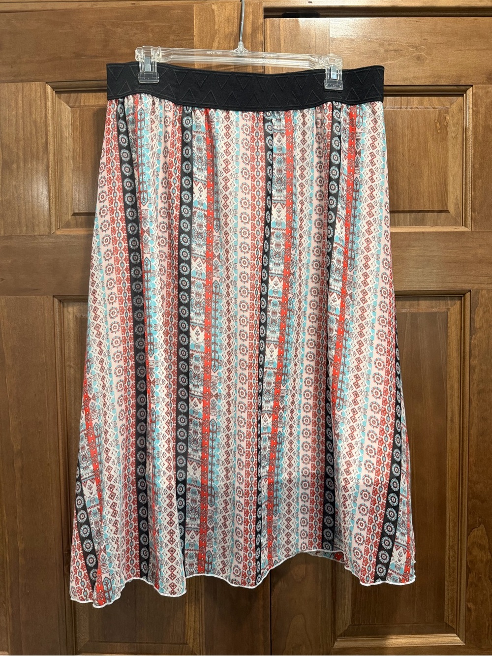 LuLaRoe Lola Bohemian Stripe Print Pleated Midi Skirt, Coral Teal, Size XL